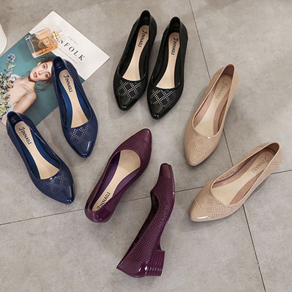 

rhombus hollow-out hole shoes women solid slip on pvc pointy toe sandalias mujer chunky med high heels sandals femme jelly shoes, Black