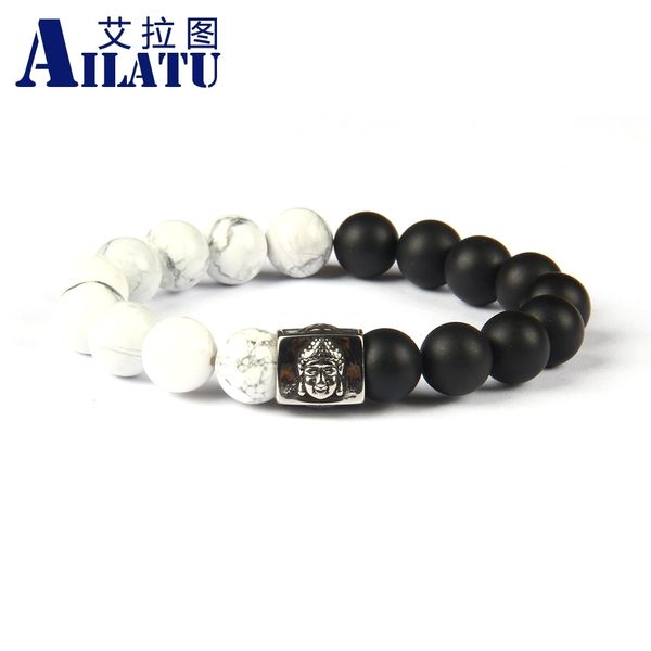 

ailatu stainless steel big buddha couples bracelet with 10mm natural black onyx & howlite stone jewelry, Golden;silver