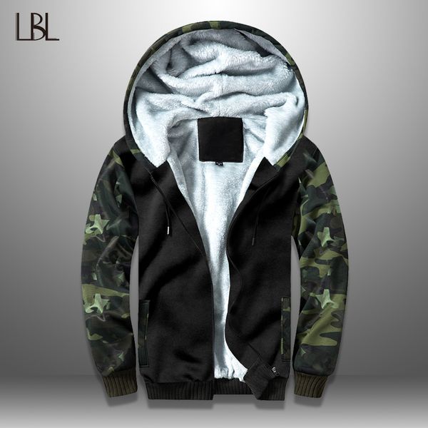 

lbl winter men jacket thick camouflage mens coat patchwork fleece hooded jackets male streetwear new warm tracksuits man outwear, Black