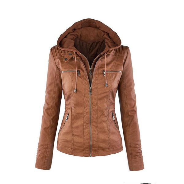 

europe long-sleeved women zipper leather plue size short jacket 2019 winter new female friends fashion casual hooded coat w062, Black;brown