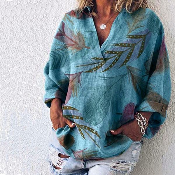 

calofe women print blouse 2019 new spring summer ladies fashion v neck loose blouse long sleeve womens vintage plus size 5xl, White