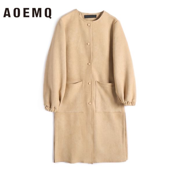 

aoemq new autumn coats o-neck single breasted long trench coat princess sweet lantern sleeve outwear coats women clothing, Black