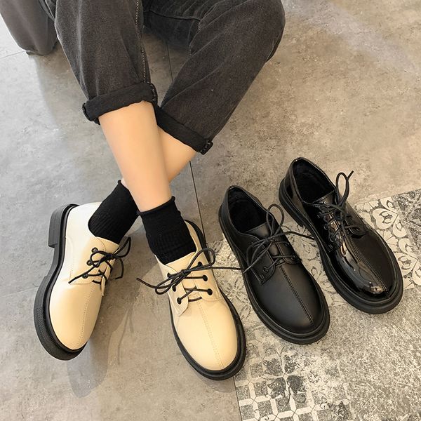 

cross-tied round toe solid leather flats creepers muffin platform shoes woman british style female oxfords winter plush footwear, Black