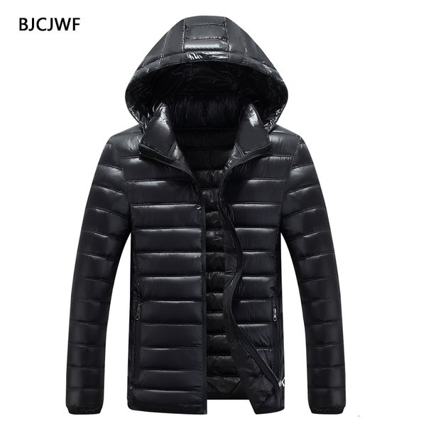 

bjcjwf ultra light men's winter jacket plus size 6xl 7xl cotton padded coat slim fit solid hooded parka male jacket new overcoat, Black