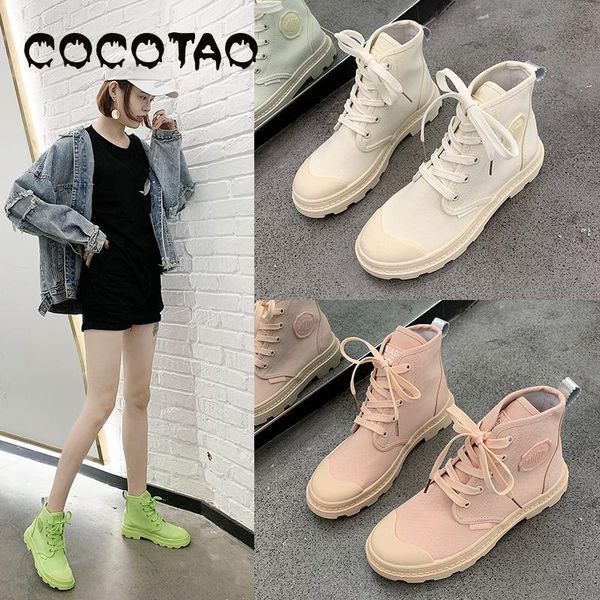 

boots women's autumn breathable locomotive 2019 new candy-colored canvas tide shoes fashion tooling high-shoes, Black