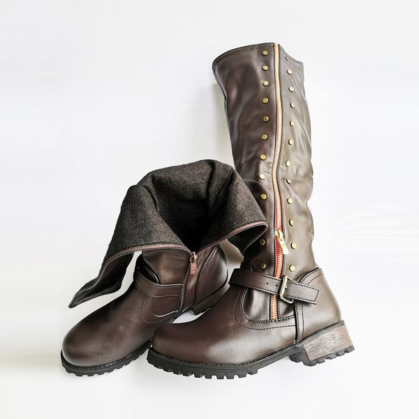 

fashion zip belt buckle long boot winter boots women knee high long boots rivet pu leather snow zapatos de mujer, Black