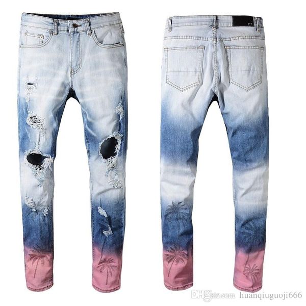 

new mens jeans vintage vogue biker jeans black pleated stitching casual denim trousers men holes jeans, Blue