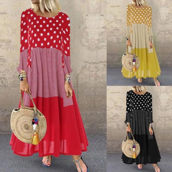 

plus size s-5xl women vintage long sleeve o neck polka dot print patchwork loose maxi dress length vestidos summer dresses, Black;gray