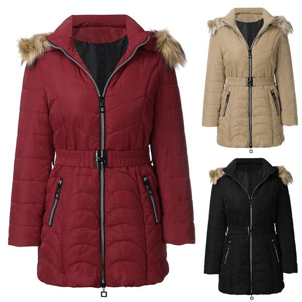 

women solid pocket outerwear cotton-padded zipper jackets plush belt manteau femme hiver hooded coat winter jacket women, Black