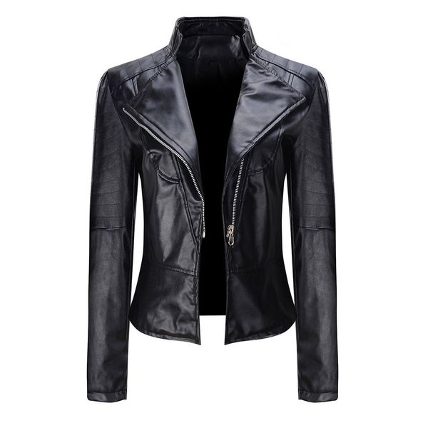 

women autumn winter short pu leather jacket slim zipper collar occupational style coats dropshipping, Black
