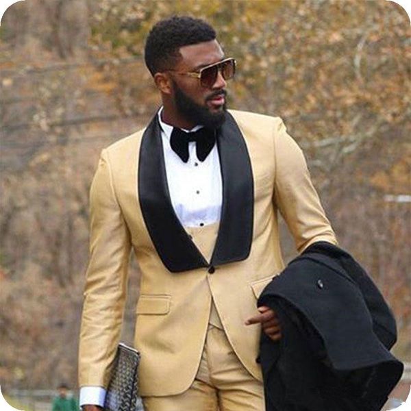 

custom made gold mens wedding suits slim fit groom tuxedos ivory peaked lapel handsome man blazers jacket 3piece double breasted vest, Black;gray