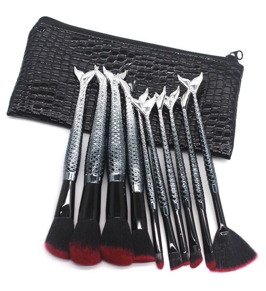 

2style 10pcs/set black mermaid handle makeup brushes set design blush powder eyebrow eye shadow eyeliner with pu bag dhl