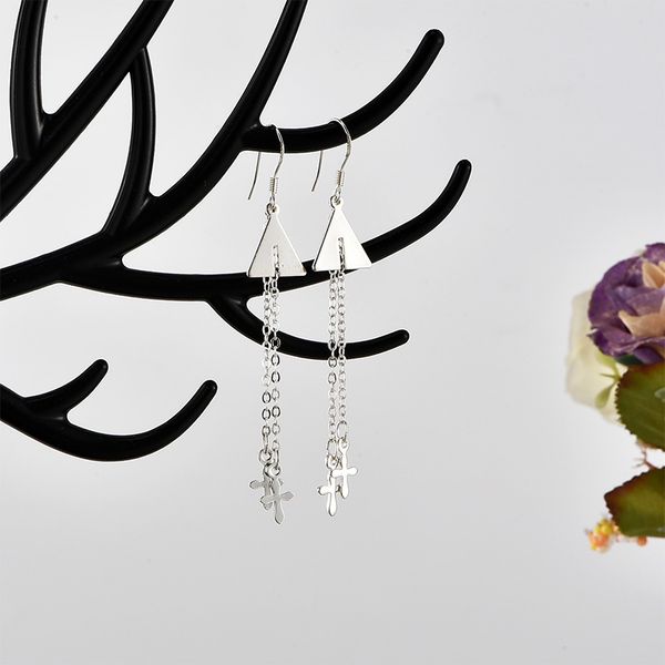 

2019 exquisite simple fashion 925 sterling silver triangle tassel long earrings cross women jewelry, Golden;silver