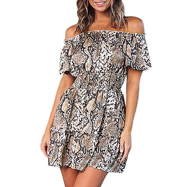 

fashion women casual short sleeve snake print off shoulder ruffles mini dress slash neck saxy ladies fashion dot dresses vestido, Black;gray