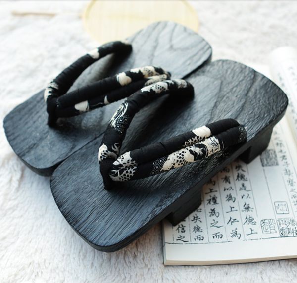 

size 35-46 summer sandals japanese geta wooden slippers cosplay mens bench geta sandalsflat heel cosplay flip flops shoe, Black