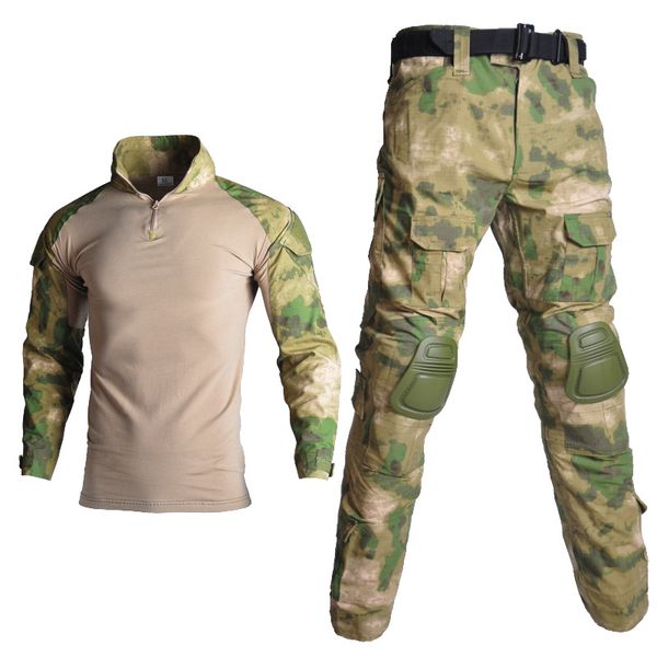 

male tactical camouflage uniform clothes suit army hiking clothes sets combat shirt + cargo pants knee pads, White;black