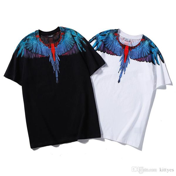 

falection 19ss italy milan fashion bluered feather wings printed cotton t-shirt eu size, White;black