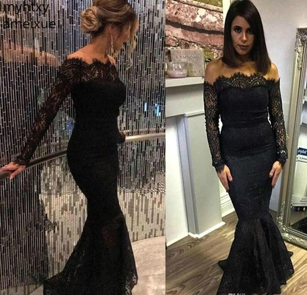 

2019 new arabic black lace evening dress off the shoulder long sleeves wear prom party event gown custom made plus size, White;black