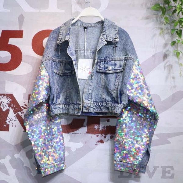 

colorful sequins pockets denim outerwear turn-down collar bf style coats 2019 spring single breasted women jackets, Black;brown