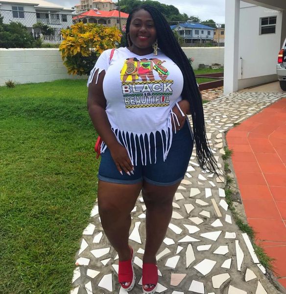 

printed fashion ladies plus size female clothing summer womens designer t shirts crew neck tassel letter, White