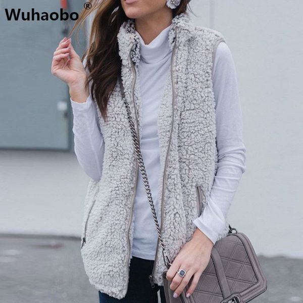 

wuhaobo zip up vest women faux fleece fur sleeveless jacket winter casual warm waistcoat stand collar plush woven vest femme, Black;white