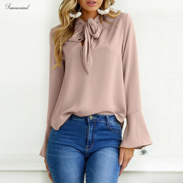 

2019 women blouse long flare sleeve lace bow tie loose chic pullover fashion baggy party long sleeve blusas s 5xl, White