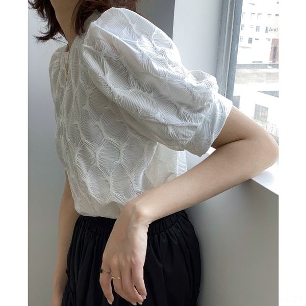 

ge ming crepe craft bubble sleeve texture t-shirt female purple short sleeve loose dr018 coat t-shirt top, White