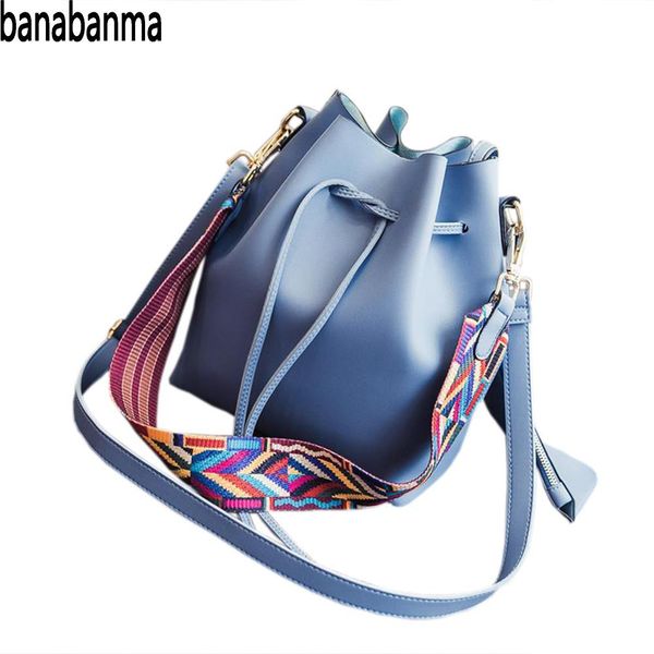 

banabanma women's drawstring handbag soft pu crossbody bucket bag with colorful strap solid color shoulder bag satchel zk50