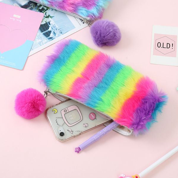 

fashion cosmetics bag with cute plush ball pencil bag kawaii school office bags bags xh66