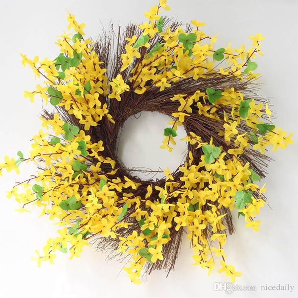 

artificial garland spring forsythia floral twig door wreath - seasonal door accent for any room, yellow color
