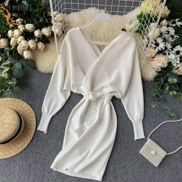 

autumn winter women knitted sweater dress 2020 new korean long batwing sleeve v neck elegant dress ladies bandage dress, Black;gray