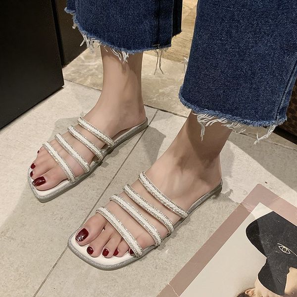 

slippers black white flat women crystal narrow band open toe slides summer soft sole outdoor beach 2021