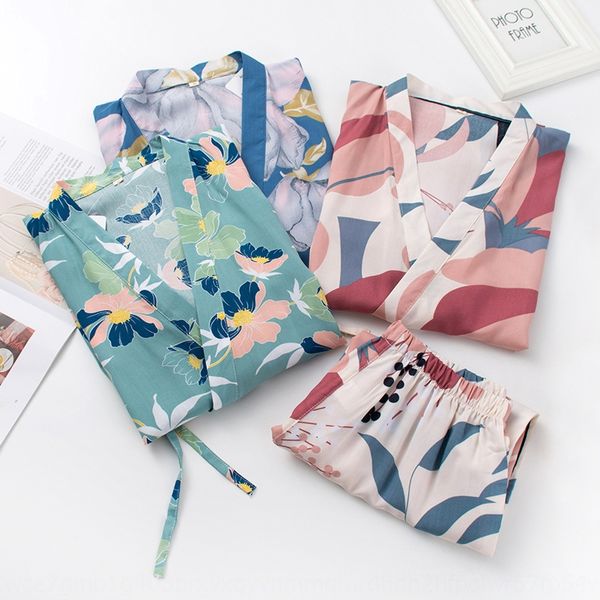 

tseyp fresh big flower pajamas female summer thin cotton silk japanese style gentle breeze loose autumn silk pajamas kimono kimono home wear, Blue;red