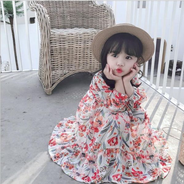 

2020 korea style girls chiffon printed dress fashion spring girls dresses 1-6 years hm795, Red;yellow