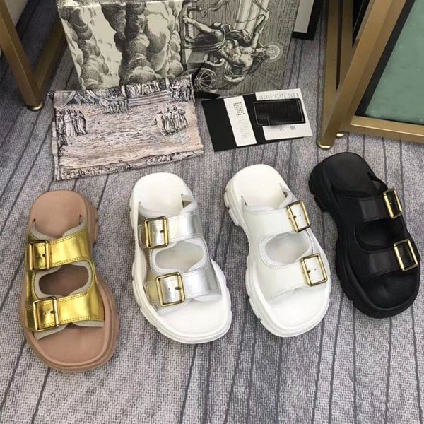 

designer thick bottom slipper fashion luxury woman leisure sandals 100% leather beach men half slipper letter lady cartoon slippers 35-42-44, Black