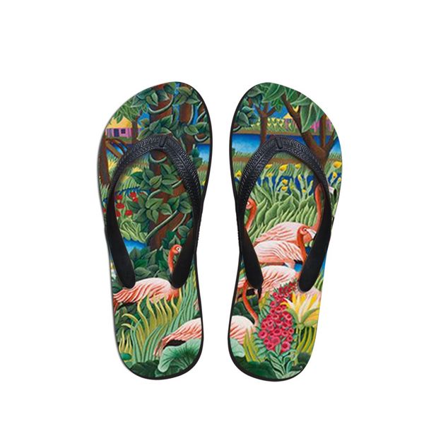 

summer beach flip flops women slippers sandals fashion painting printing lady flats shoes henri rousseau artist master pieces, Black