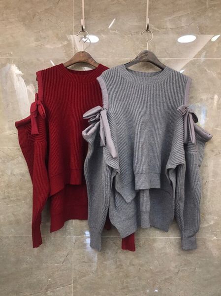 

autumn and winter 2019 new women's round neck off shoulder tie knot decoration long sleeve solid color sweater 1108, White;black