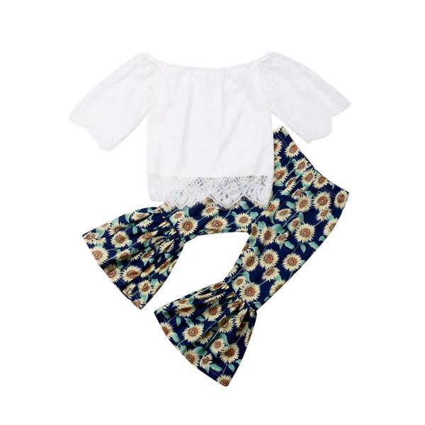 

2019 new summer kids girls clothes set sunflower pattern lace t-shirt +pants 2pcs casual clothing sets children set clothing, White