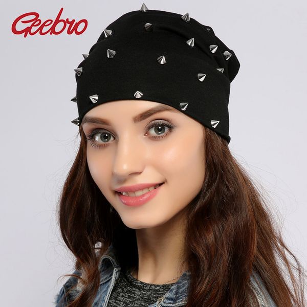 

geebro women's beanie hat autumn cotton metallic rivet slouchy beanies for men plain hip hop balavaca skullies&beanies
