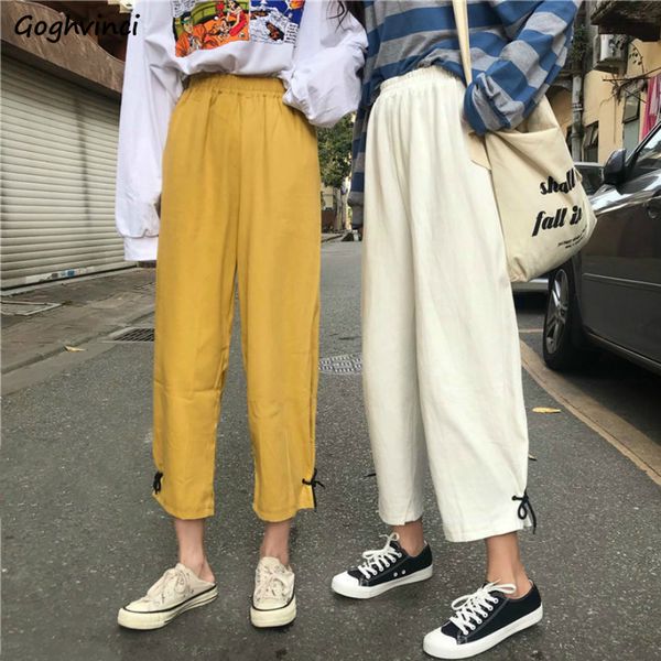 

casual pants women wide-leg summer solid lace-up all-match 3-color harajuku womens girls streetwear trousers simple elegant chic, Black;white
