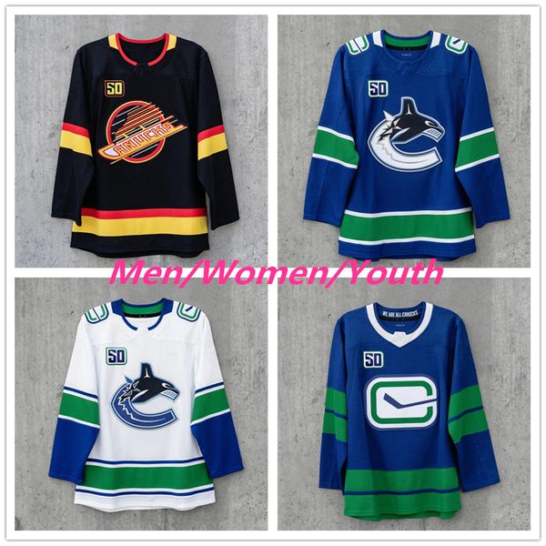 

vintage 53 bo horvat captain vancouver canucks 43 quinn hughes 6 brock boeser 40 elias pettersson 9 miller hockey jerseys stitched 50th logo, Black