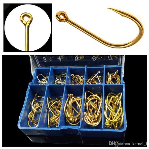 

100pcs 1box 3-12# gold ise hook high carbon steel barbed hooks fishing hooks pesca carp fishing tackle accessories blue box