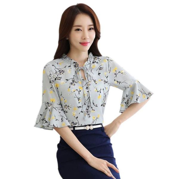 

summer women flare sleeve chiffon blouse shirts fashion floral print female half ladies girls blusas, White