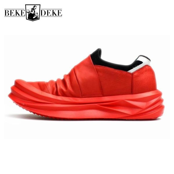 

harajuku mens autumn new cow genuine leather platform shoes causal sneakers slip on loafers red height increasing trainers shoes, Black