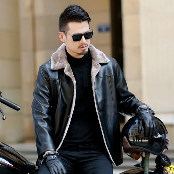 

winter leather jacket 2018 men's casual fashion jackets lapel black zipper faux fur men coat