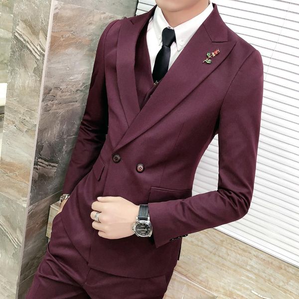 

traje elegante de hombre man slim fit burgundy suit mens double-breasted wedding groom sets business casual dress male, White;black