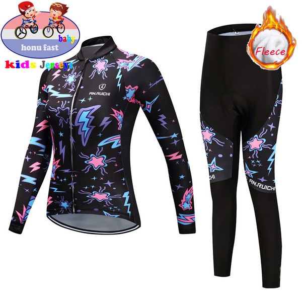 

2020 pro kids winter thermal fleece cycling jersey set mtb bicycle girl cycling clothes warm bike children clothing suit, Black;blue