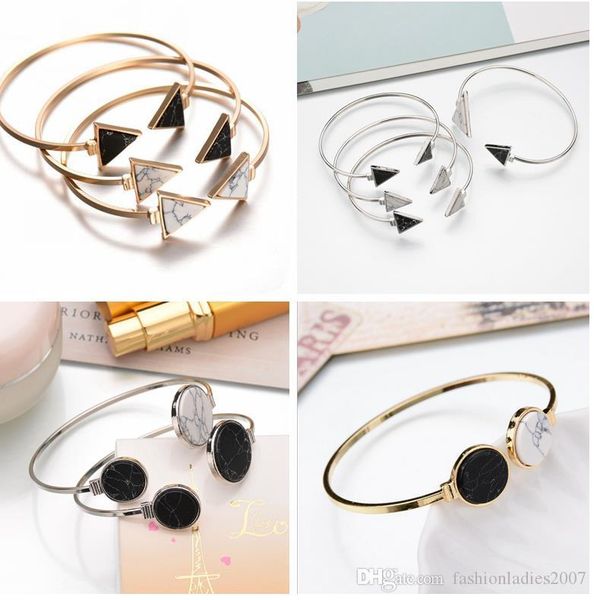 

fashion stone bangles gold plate black white geometric triangle open cuff punk bracelet bangle faux marble stone pulseras from india