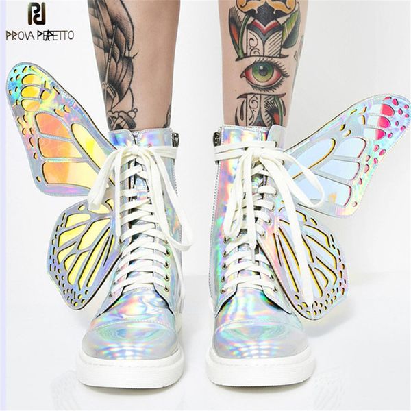 

prova perfetto 2019 butterfly wings women sneakers lace up platform ladies shoes shiny high flat casual rubber botas mujer cj191219, Black