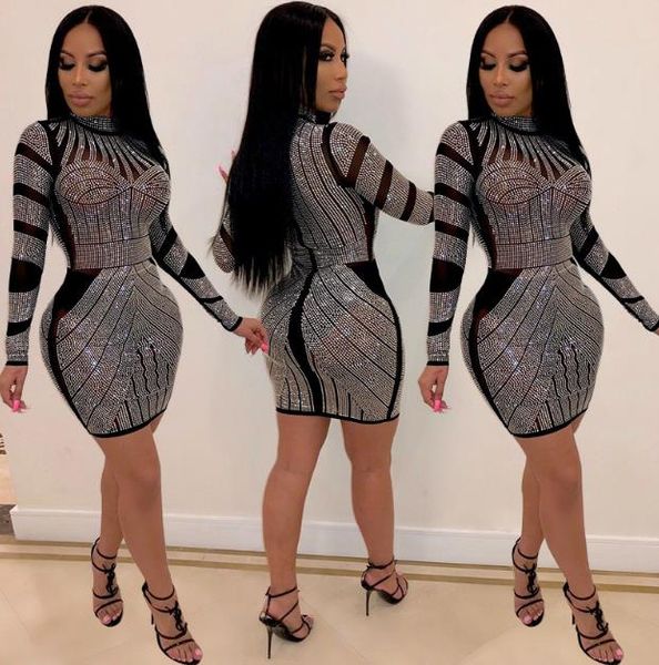 

rhinestone panelled womens casual dresses zipper panelled womens designer perspective gauze dresses casual females clothing, Black;gray